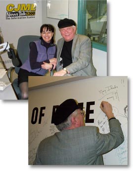 Collage. 1: Tommy hunter sitting with Susan Einarsson at the CJME radio Studio. 2: Tommy hunter signing his name on the wall of the studio.